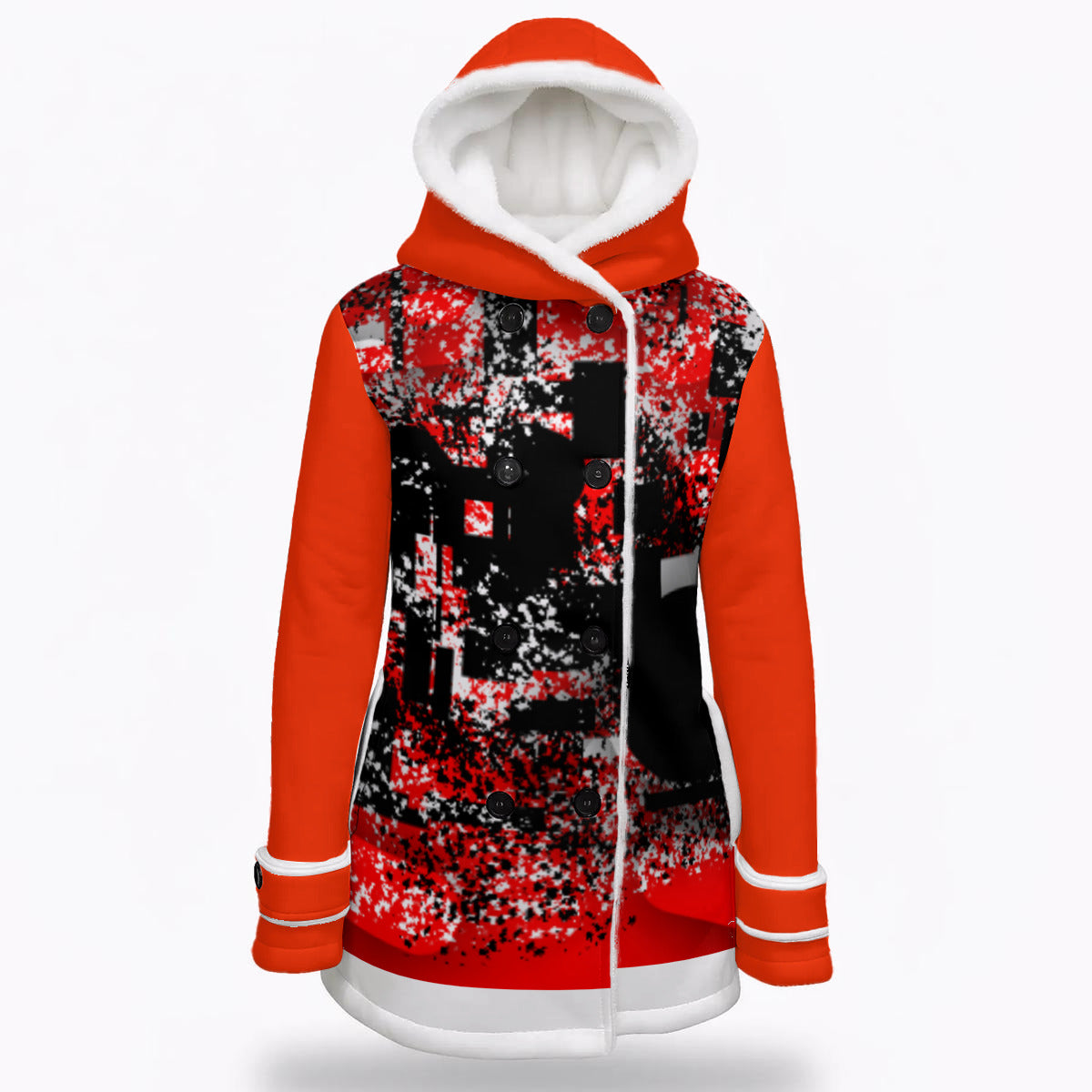 All-Over Print Women's Hooded Double-Breasted Winter Coat With Fleece