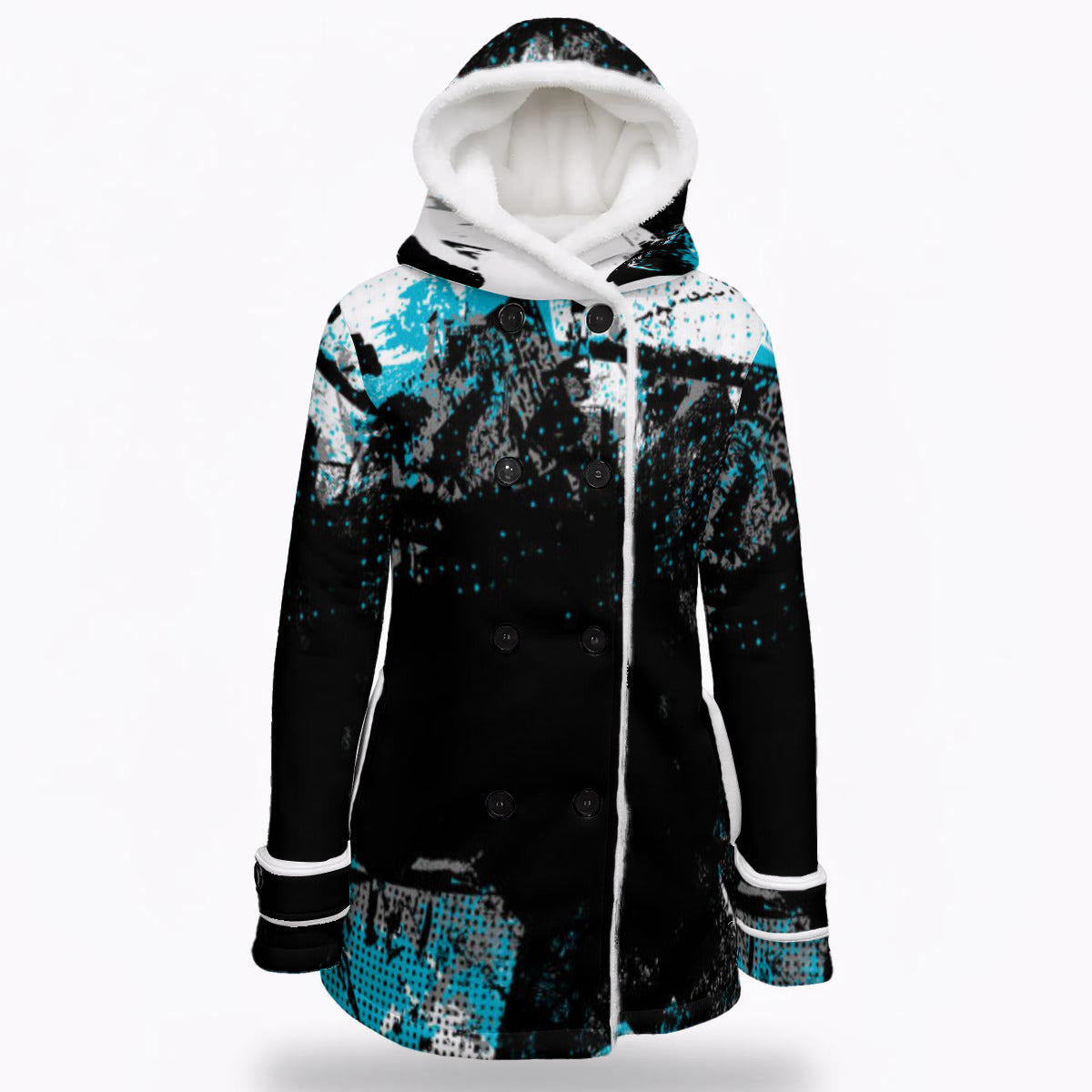 All-Over Print Women's Hooded Double-Breasted Winter Coat With Fleece