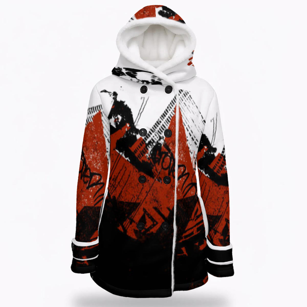 All-Over Print Women's Hooded Double-Breasted Winter Coat With Fleece